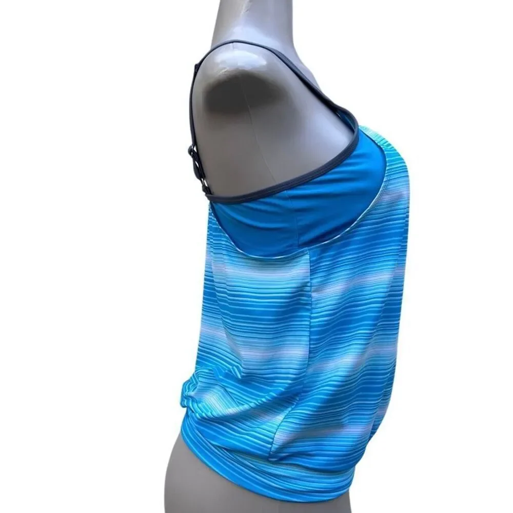 Free Country Swim Tankini Top Women's Medium Blue Striped Blouson Style